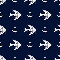 Maritime mood, Seamless nautical pattern with fishes and anchors