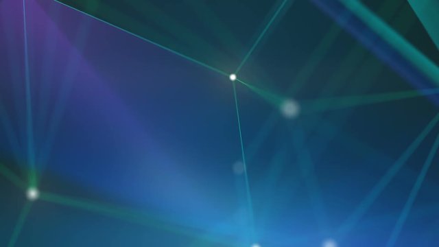 Network Connection Cloud Loop 5A: dark background, rotating blue magenta green light mesh cloud with green dots and cool cyan lines with depth-of field effect, FullHD and seamlessly loopable