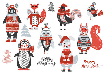 Christmas woodland Animals Cute Forest. Bear, squirrel, rabbit, owl, bird, rooster, penguin, fox. New Year and Christmas cards. Stylish set Christmas elements for design. Lettering. Tree. Gifts. 