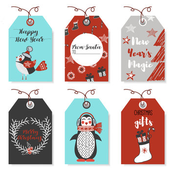 Christmas animals bear, squirrel, rabbit, owl, bird, rooster, penguin, fox. New Year and Christmas cards. Stylish tags with Christmas wishes. Set Christmas elements for design. Lettering. 