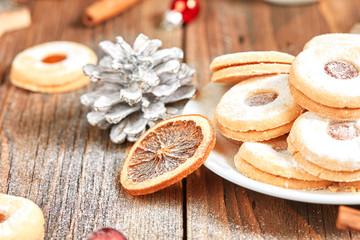 Christmas cookies decoration on wooden table