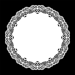 Lace round paper doily, lacy snowflake, greeting element,  template for cutting  plotter, round pattern, laser cut  template, doily to decorate the cake,  vector illustrations.