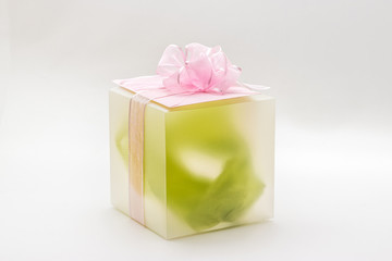 Gift and flowers on a white background