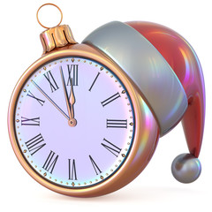 Christmas ball New Year's Eve cloc kmidnight hour countdown time Santa Claus hat decoration ornament gold red adornment. Traditional happy wintertime holiday future beginning pressure. 3d illustration