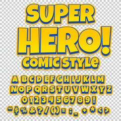 Comic alphabet set. Letters, numbers and figures for kids' illustrations, websites, comics, banners