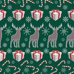 Celebratory background with deer and gifts. Pattern