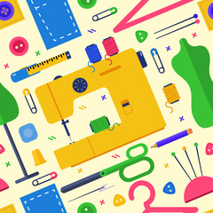 Textile design concept set with sewing. Seamless pattern. Vector flat illustrations