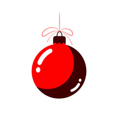 Christmas tree ball with bow. Red bauble decoration, isolated on white background. Symbol of Happy New Year, Xmas holiday celebration, winter. Flat design for card. Vector illustration