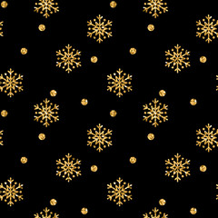 Christmas snowflake seamless pattern. Gold snow black background. Golden abstract shine wallpaper, wrapping texture. Symbol Merry Xmas holiday, Happy New Year celebration. Vector illustration