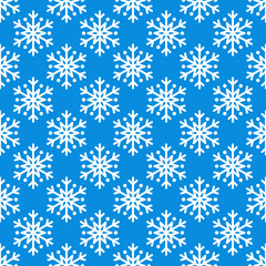 Snowflake simple seamless pattern. White snow on blue background. Abstract wallpaper, wrapping decoration. Symbol of winter, Merry Christmas holiday, Happy New Year celebration Vector illustration