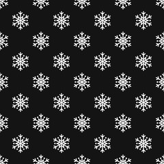 Snowflake simple seamless pattern. White snow on black background. Abstract wallpaper, wrapping decoration. Symbol of winter, Merry Christmas holiday, Happy New Year celebration Vector illustration