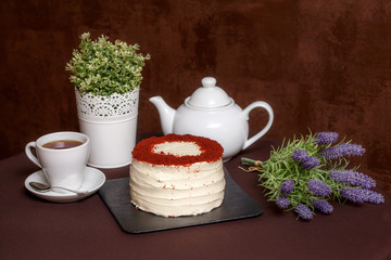 Chocolate cake with white cream and red crumbs