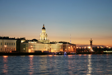 Dark night city landscape of Saint Petersburg with river Neva an