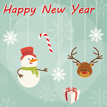 Christmas and New Year's card with snowman and deer