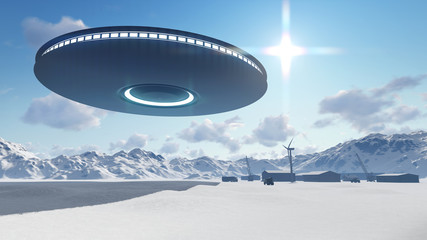 Naklejka na ściany i meble 3d UFO over industrial zone, factory, manufacturing, warehouse