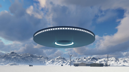 3d UFO over industrial zone, factory, manufacturing, warehouse