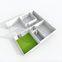 3d interior rendering of empty home apartment with green garden