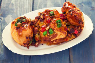 cake with dry fruits on white dish