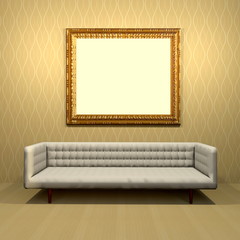 3d interior rendering of living room scene with white modern sofa, blank golden decorated Baroque picture frame and yellow wallpaper background