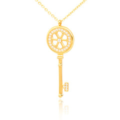 Golden diamond key pendant isolated on white