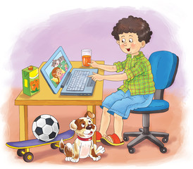 Communication by Internet. A cute  boy with a notebook