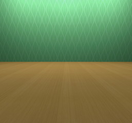 3d interior rendering of green wallpaper and wooden floor background