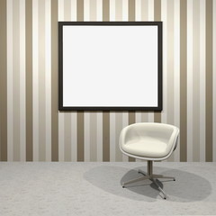 3d interior rendering of living room scene with white modern chair, blank black picture frame and brown wallpaper background