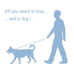 Silhouette of a man walking a dog on a leash. Design element for