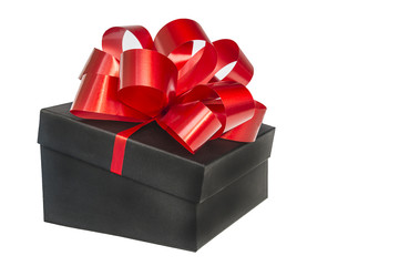 Red bow on black gift box isolated on white background