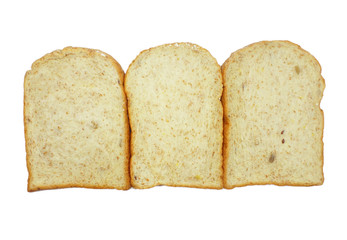 Lined Up Three Pieces Sliced Whole Grains Bread Isolated On White Background