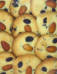 Close-up of the Lined Up Almond Raisin Butter Cookies, Background, Banner 