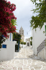 Lefkes Paros Greek Island scene with Agia Triada church and typi