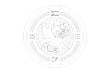 


Abstaract 3d rendering illustration of watches with gears. Sketch looking outline lines. 
