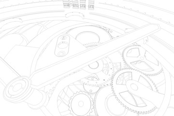 


Abstaract 3d rendering illustration of watches with gears. Sketch looking outline lines. 
