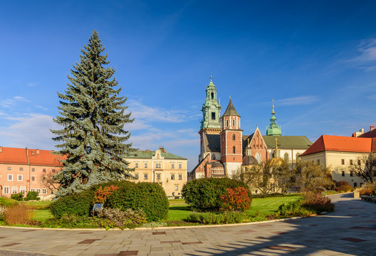 royal castle on the Wawel Hill in the sunny day, Krakow, Poland