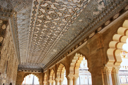 Ceiling of Jai Mandir (Mirror Palace) in Amber Fort, Rajasthan,