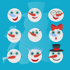 Cute snowmen head emotion vector avatars set. Cartoon expression isolated face character. Simple gradient mascot heads. Vector design
