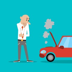 a man stands with his arms folded. looks at the broken car. vector illustration of cartoon