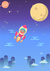 Cute alien flying in space rocket in the space sky. Flat design colored vector illustration