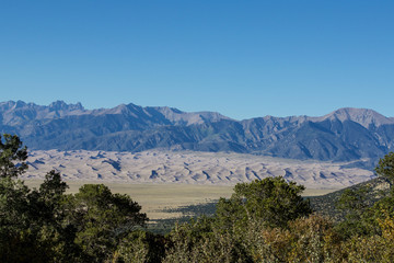 Colorado sand dunes framed by trees and mountains