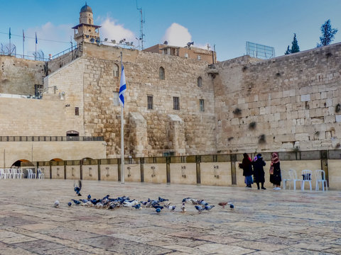 Pigeons On The Western Wall Plaza In The Old City Of Jerusalem