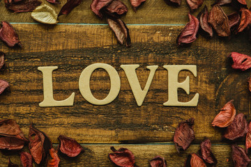 The word Love on a rustic wooden