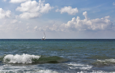 Seascape with sailing yacht in Istria, Croatia.