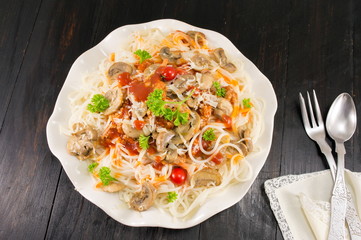 Pasta on a plate with mushrooms