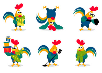  Funny roosters in different poses isolated on background. Cute cartoon rooster vector illustration. Cock, farm animal the symbol of New Year 2017