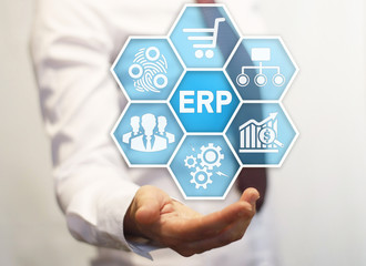 Businessman offer honeycomb button with erp. Businesswoman represent display icon with enterprise...