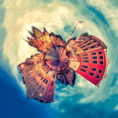 Obraz premium Tiny planet of Wroclaw Market Square with Town Hall during sunset evening, Poland, Europe. Panoramic montage from 27 HDR Photos with post processing effects