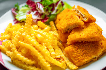 Fish, Chips, salad