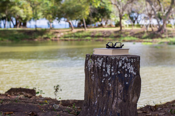 Books with glasses resting on a bench in the park.