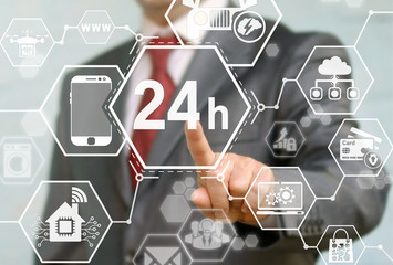 businessman presses 24/7 technical support icon. Technician service business sign. Help repair 24 hours a day concept. Communication, network, technology, maintenance, internet online shopping, buy.